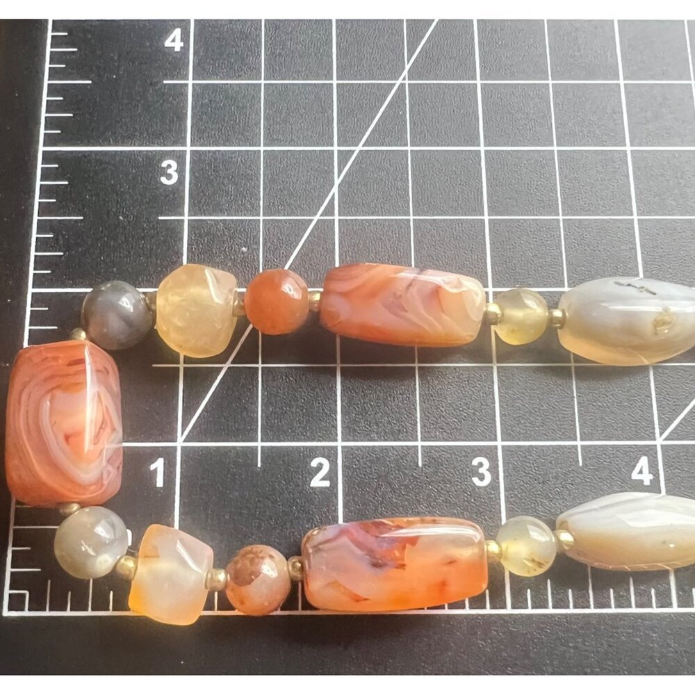Multicolor Carnelian Agate Beaded Necklace 33" Gold-Tone Barrel Earthy Boho - Picture 6 of 14